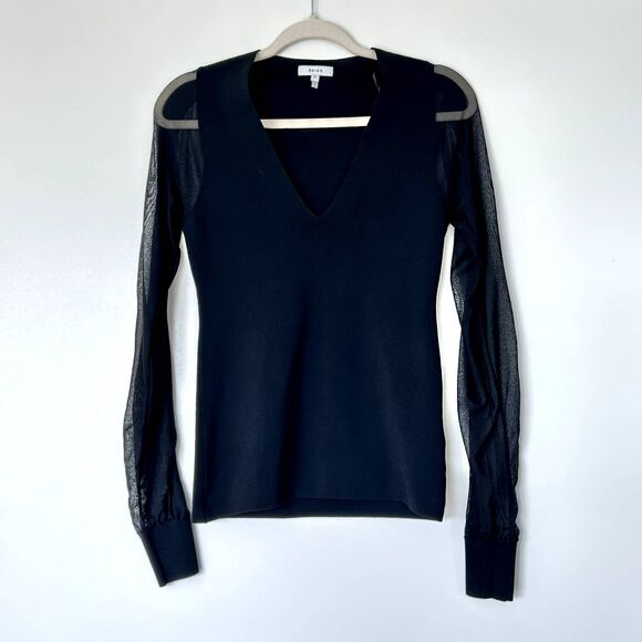 EUC Reiss Sophie Black Knit Top Medium Sheer Mesh Sleeve Pullover Sweater Chic - Picture 4 of 16